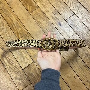 Loklik Leopard Print Calf Hair Genuine Leather Double O-Ring Buckle Belt XL